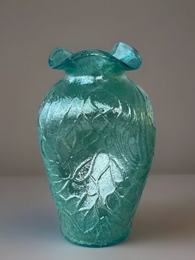 Antique Dugan Frit Art Glass Pinched Iridescent Vase Aqua *CHIPS*